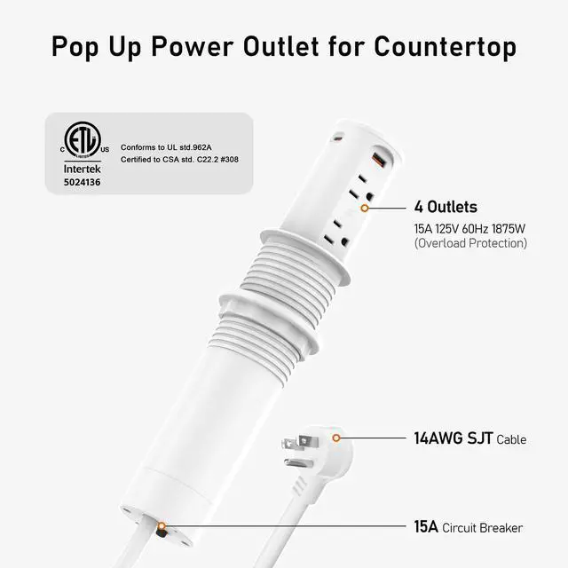 Alt view image 6 of 7 - Pop Up Outlet for Countertop with 15W Wireless Charging Pad,20W USB C,Recessed Power Strip 2.5-Inch Hole,Tamper Resistant Receptacle,4 USB,4 Outlets for Kitchen,Office Desk,ETL Listed (White)