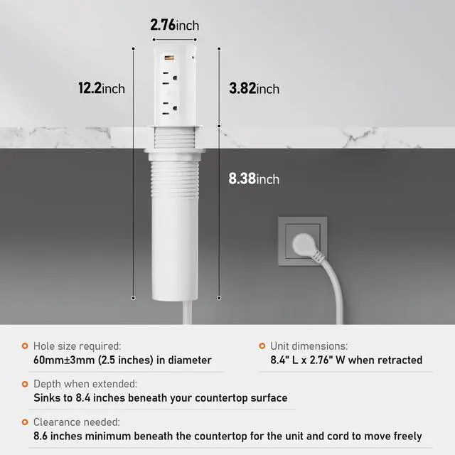 Alt view image 7 of 7 - Pop Up Outlet for Countertop with 15W Wireless Charging Pad,20W USB C,Recessed Power Strip 2.5-Inch Hole,Tamper Resistant Receptacle,4 USB,4 Outlets for Kitchen,Office Desk,ETL Listed (White)
