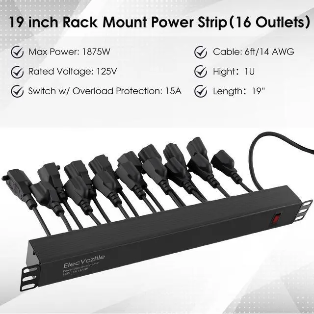 Alt view image 2 of 5 - 16 Outlet 1U Rack Mount PDU Power Strip, 15A, 125V, 1875W | 15A Overload Switch, 6ft 14AWG Cord