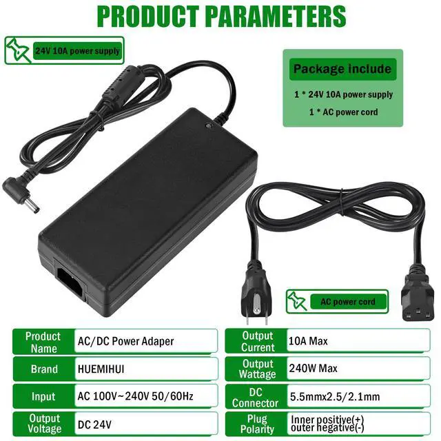 Alt view image 4 of 7 - 24V 10A Power Supply Adapter,AC 100-240V to DC 24V 10A 240W Power Adapter | 5.5mm x 2.5/2.1mm DC Output Jack,24V Low Voltage Transformers,Universal AC/DC Adapter for LED Strip LED Driver