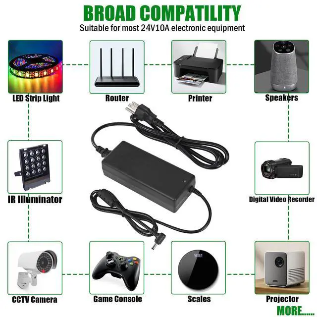 Alt view image 7 of 7 - 24V 10A Power Supply Adapter,AC 100-240V to DC 24V 10A 240W Power Adapter | 5.5mm x 2.5/2.1mm DC Output Jack,24V Low Voltage Transformers,Universal AC/DC Adapter for LED Strip LED Driver