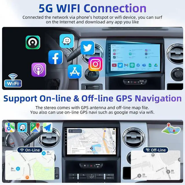 Alt view image 2 of 7 - 8Core Car Radio for Ford F150 2009-2014: 9 Inch HD Touchscreen Stereo with Wireless Carplay Android Auto 5G WiFi GPS Bluetooth FM 15EQ DSP SWC 1080P Backup Camera (Only fit Manual AC)