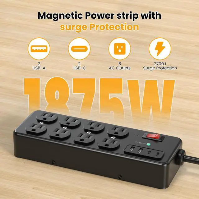 Alt view image 2 of 7 - Magnetic Heavy Duty Power Strip with 2700J Surge Protector,20W,8AC | 12 AWG 6FT Extension Cord with Multiple Outlets,1USB C,1 USB A Outlet Extender for Office,Garage Workshop,ETL Listed