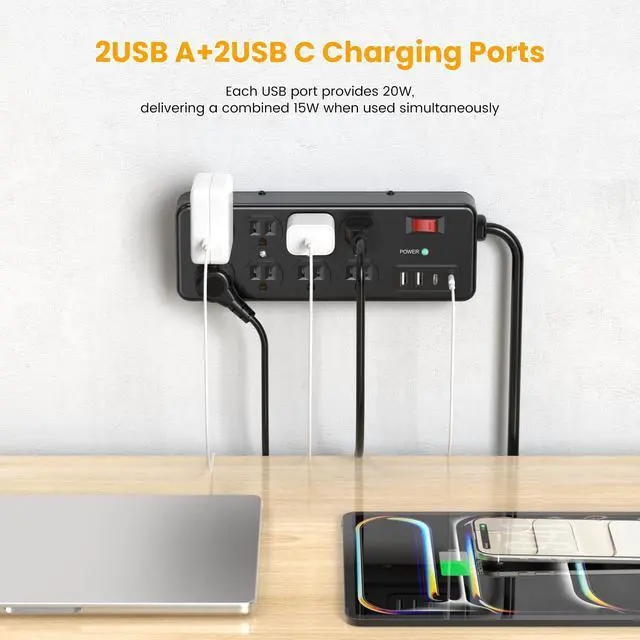 Alt view image 3 of 7 - Magnetic Heavy Duty Power Strip with 2700J Surge Protector,20W,8AC | 12 AWG 6FT Extension Cord with Multiple Outlets,1USB C,1 USB A Outlet Extender for Office,Garage Workshop,ETL Listed