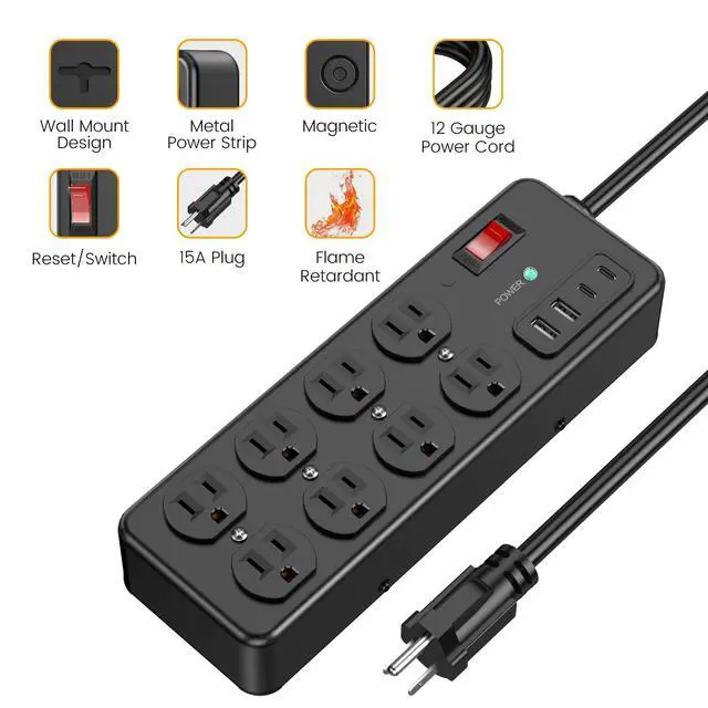 Alt view image 6 of 7 - Magnetic Heavy Duty Power Strip with 2700J Surge Protector,20W,8AC | 12 AWG 6FT Extension Cord with Multiple Outlets,1USB C,1 USB A Outlet Extender for Office,Garage Workshop,ETL Listed