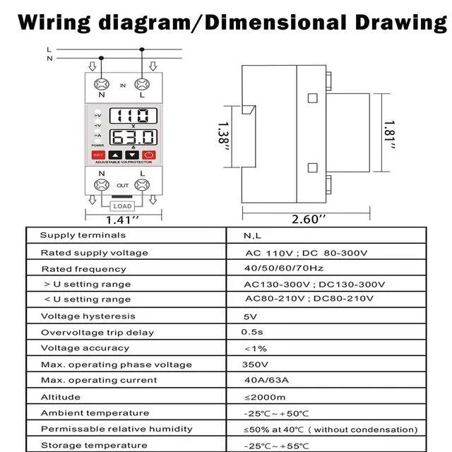 Alt view image 3 of 7 - 63A Smart Voltage Protector 110V 220V, LCD Display, Adjustable Over/Under Voltage Protection, DIN Rail Mount