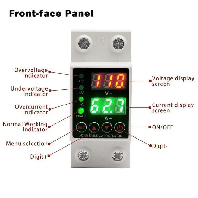 Alt view image 6 of 7 - 63A Smart Voltage Protector 110V 220V, LCD Display, Adjustable Over/Under Voltage Protection, DIN Rail Mount
