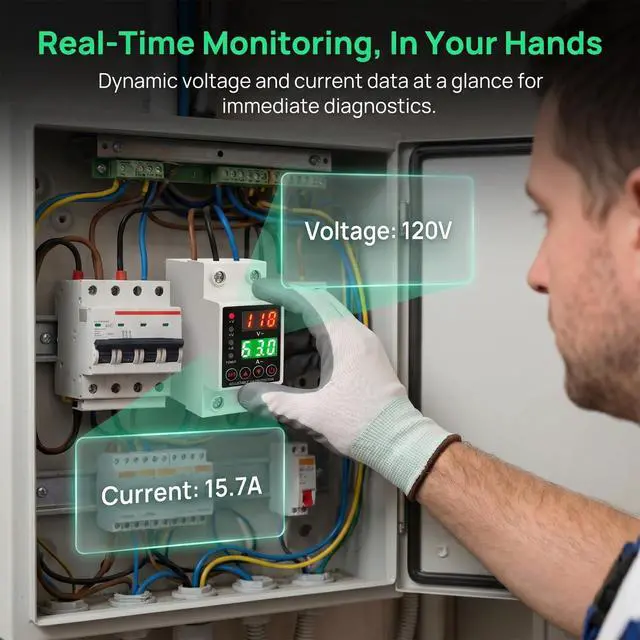 Alt view image 7 of 7 - 63A Smart Voltage Protector 110V 220V, LCD Display, Adjustable Over/Under Voltage Protection, DIN Rail Mount