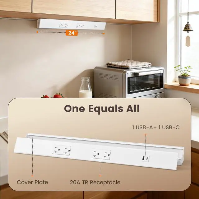 Alt view image 2 of 4 - 24 in Under Cabinet Power Strip Hardwired, 20 Amp | 2 Standard TR Outlets with USB-A & USB-C, Modular Extension System (No Cutting), Aluminum Housing, 125V 20A, ETL Listed