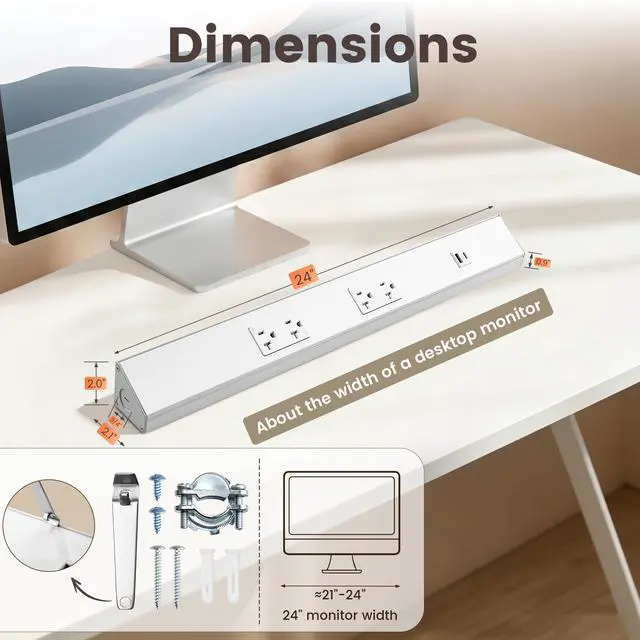 Alt view image 4 of 4 - 24 in Under Cabinet Power Strip Hardwired, 20 Amp | 2 Standard TR Outlets with USB-A & USB-C, Modular Extension System (No Cutting), Aluminum Housing, 125V 20A, ETL Listed