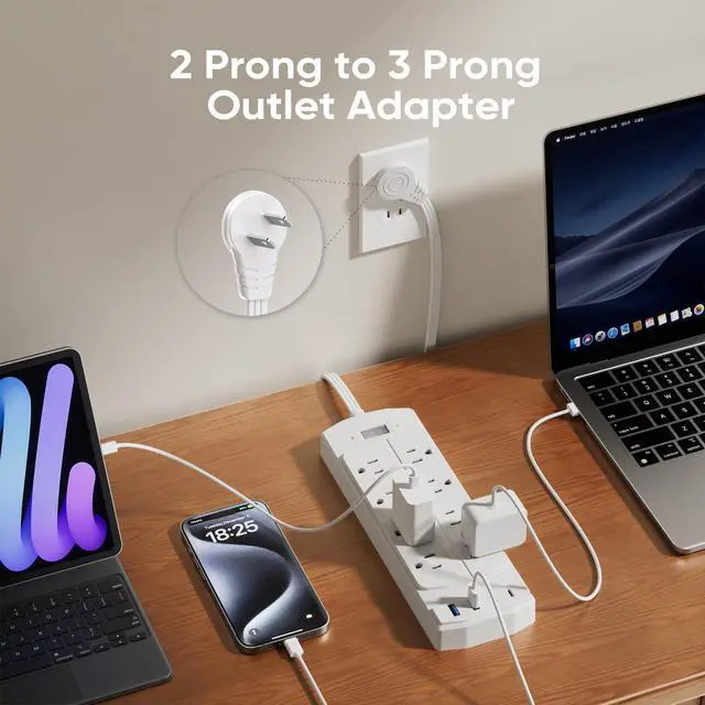 Alt view image 2 of 6 - 2 Prong Power Strip, 2 Prong to 3 Prong Outlet Adapter, 5FT Extension Cord with Polarized Plug, 8 AC Outlets & 4 USB, Wall Mountable, Ideal for Non-Grounded Outlets