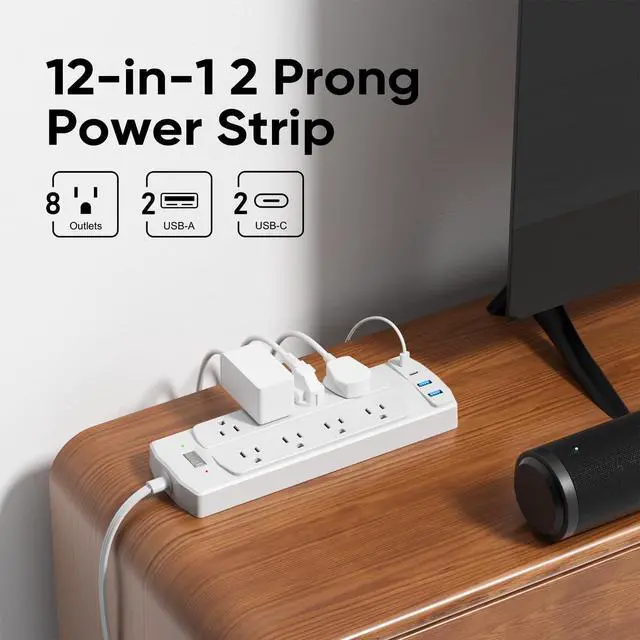 Alt view image 3 of 6 - 2 Prong Power Strip, 2 Prong to 3 Prong Outlet Adapter, 5FT Extension Cord with Polarized Plug, 8 AC Outlets & 4 USB, Wall Mountable, Ideal for Non-Grounded Outlets