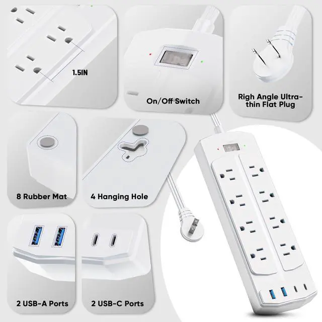 Alt view image 6 of 6 - 2 Prong Power Strip, 2 Prong to 3 Prong Outlet Adapter, 5FT Extension Cord with Polarized Plug, 8 AC Outlets & 4 USB, Wall Mountable, Ideal for Non-Grounded Outlets
