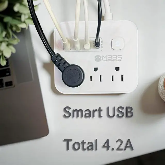 Alt view image 5 of 7 - Surge Protector Power Strip with USB C, Heavy Duty Extension Cord (7-in-1) 3 AC Outlets, 4 USB Ports, LED On/Off Switch Compact & Travel Friendly Home, Office. (5ft)