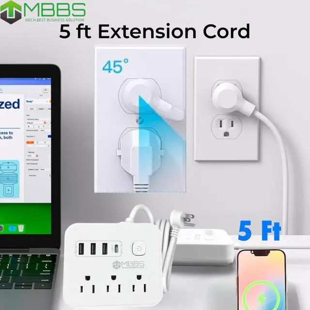Alt view image 7 of 7 - Surge Protector Power Strip with USB C, Heavy Duty Extension Cord (7-in-1) 3 AC Outlets, 4 USB Ports, LED On/Off Switch Compact & Travel Friendly Home, Office. (5ft)