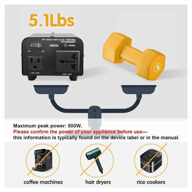 Alt view image 2 of 7 - 500W 110/120V to 220/240V Voltage Converter Transformer | Step Up/Down Converter 110V to 220V, 220V to 110V with US power cord and US to EU Adapter