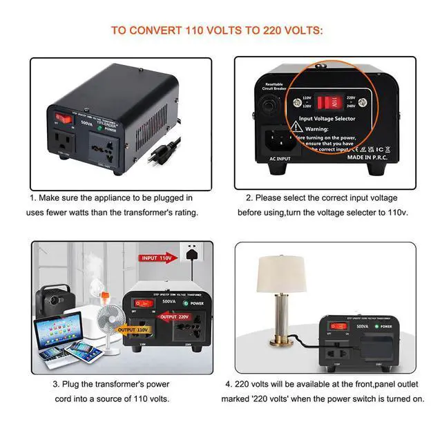 Alt view image 4 of 7 - 500W 110/120V to 220/240V Voltage Converter Transformer | Step Up/Down Converter 110V to 220V, 220V to 110V with US power cord and US to EU Adapter