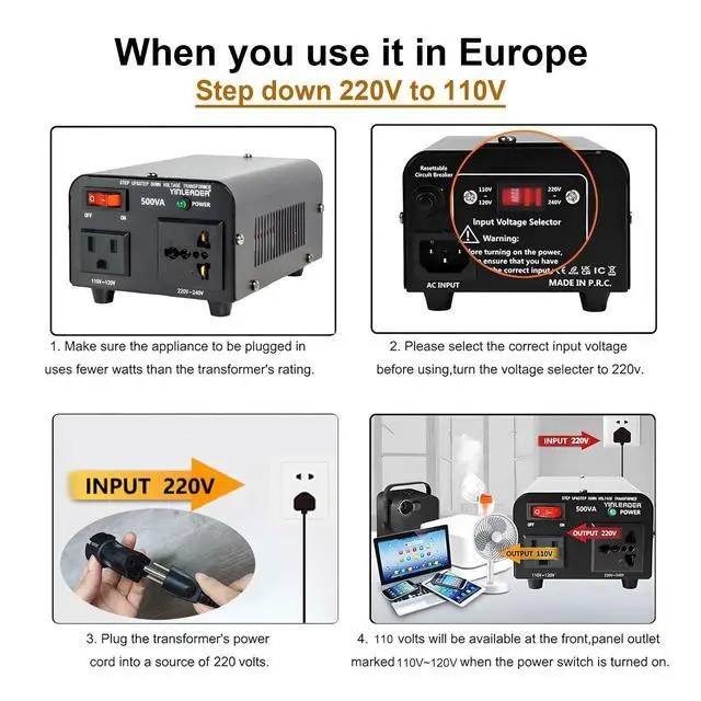 Alt view image 5 of 7 - 500W 110/120V to 220/240V Voltage Converter Transformer | Step Up/Down Converter 110V to 220V, 220V to 110V with US power cord and US to EU Adapter
