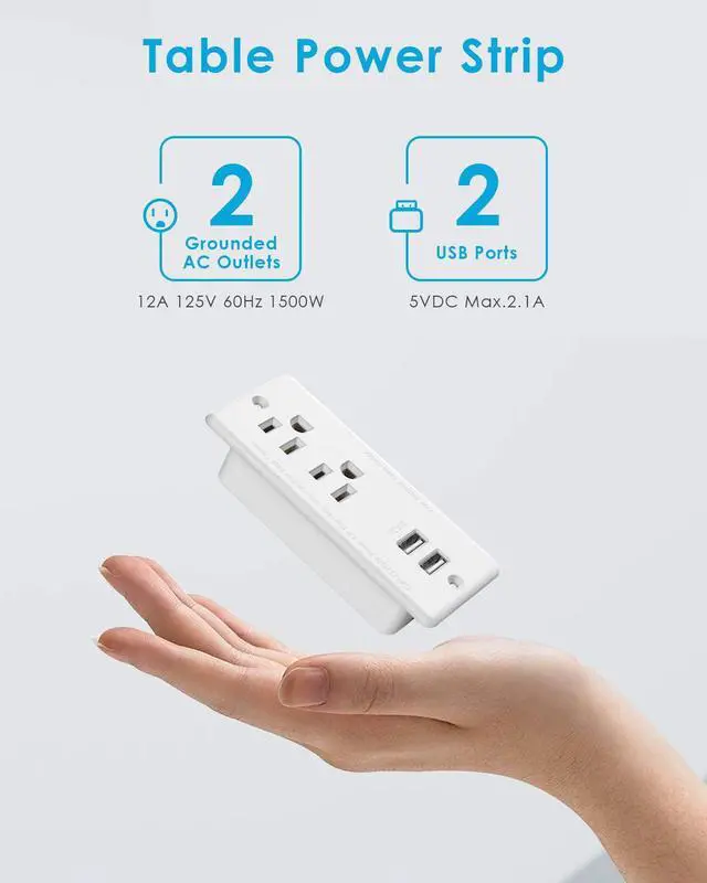 Alt view image 2 of 5 - Recessed Power Strip with USB,Flat Plug Ultra Thin Extension Cord,Furniture Desktop Charging Station for Side Table,End Table,Flush-Mount Desk Outlet Power Grommet with 9.85ft Cord(White)