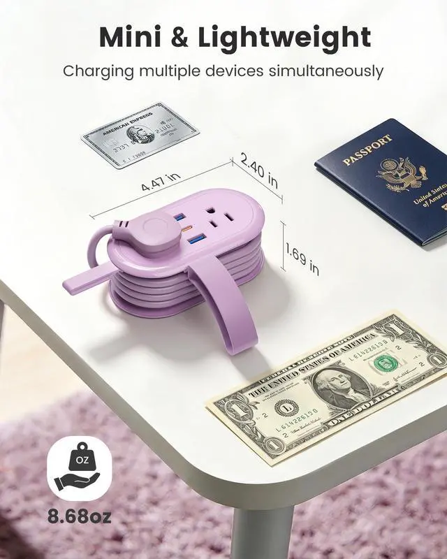 Alt view image 3 of 7 - PD 20W Travel Power Strip 4 AC Outlets, 2 USB-A & 1 USB-C Ports | 4.6FT Wrapped Travel Extension Cord with Flat Plug, Cruise Approved Power Strip for Travel Hotel, No Surge Protection, Purple