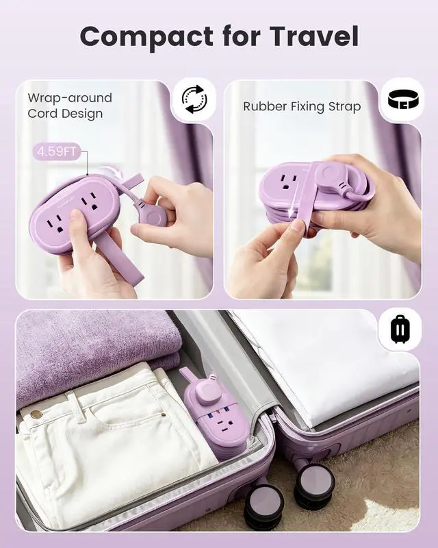 Alt view image 6 of 7 - PD 20W Travel Power Strip 4 AC Outlets, 2 USB-A & 1 USB-C Ports | 4.6FT Wrapped Travel Extension Cord with Flat Plug, Cruise Approved Power Strip for Travel Hotel, No Surge Protection, Purple