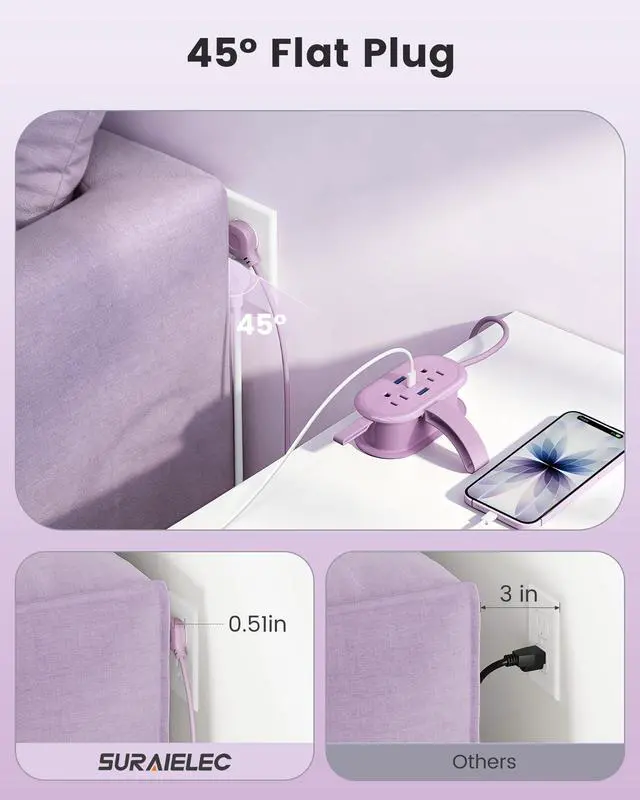 Alt view image 7 of 7 - PD 20W Travel Power Strip 4 AC Outlets, 2 USB-A & 1 USB-C Ports | 4.6FT Wrapped Travel Extension Cord with Flat Plug, Cruise Approved Power Strip for Travel Hotel, No Surge Protection, Purple