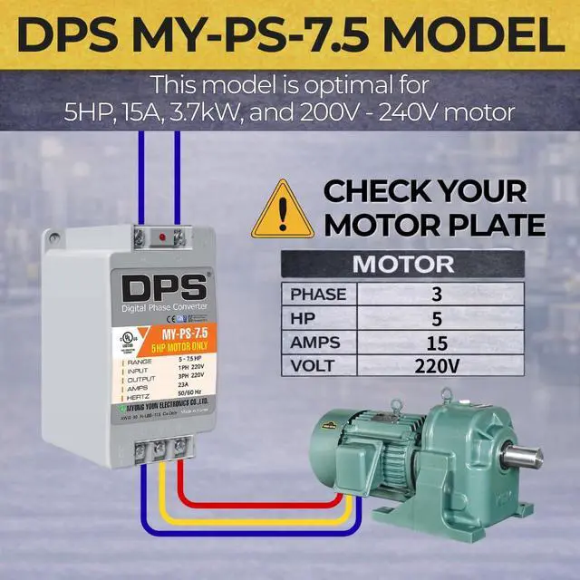 Alt view image 2 of 7 - DPS Digital Phase Converter 7.5HP, My-PS-7.5, Single to 3 Phase, 23A 220V | For 5HP(3.7kW) 15A Motor, Input/Output 200-240V, UL-Listed, 1 DPS per 1 Motor Only, Easy Set Up, Digital Phase Shifter
