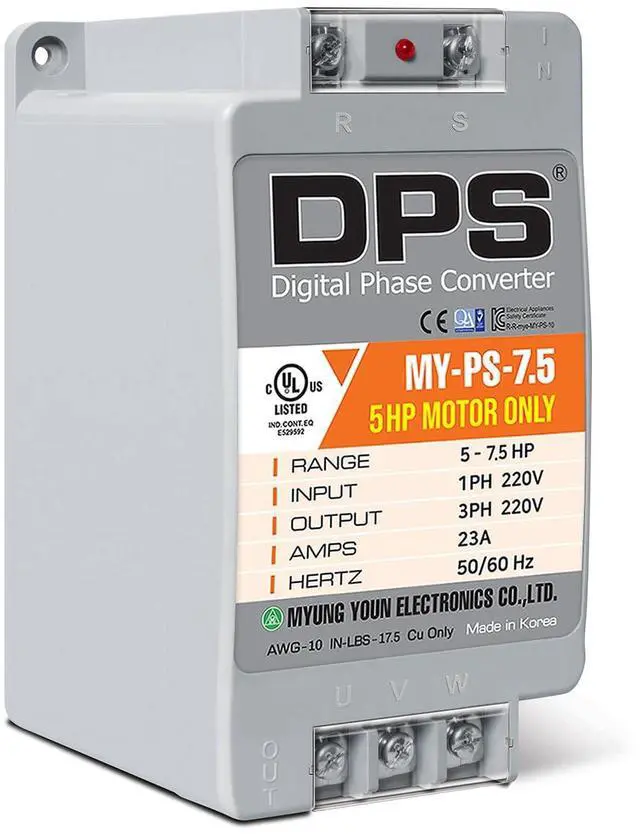 Main image of DPS Digital Phase Converter 7.5HP, My-PS-7.5, Single to 3 Phase, 23A 220V | For 5HP(3.7kW) 15A Motor, Input/Output 200-240V, UL-Listed, 1 DPS per 1 Motor Only, Easy Set Up, Digital Phase Shifter