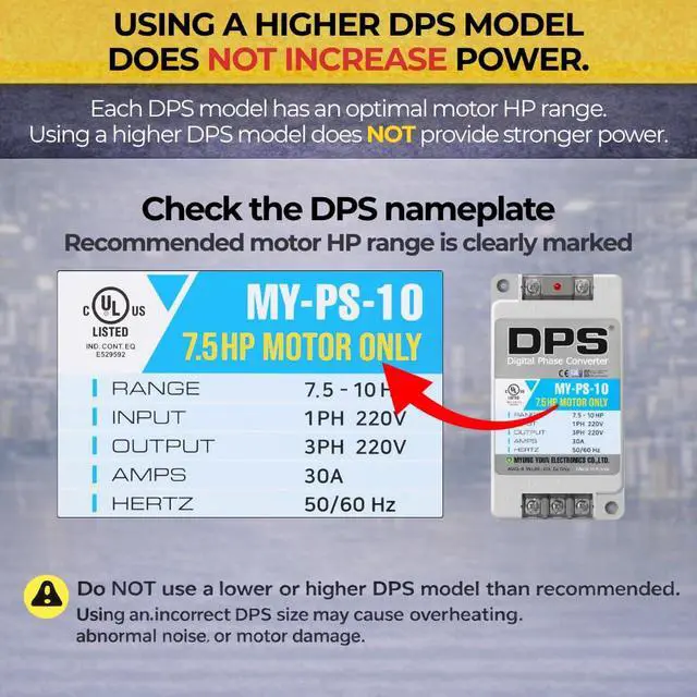 Alt view image 4 of 7 - DPS Digital Phase Converter 7.5HP, My-PS-7.5, Single to 3 Phase, 23A 220V | For 5HP(3.7kW) 15A Motor, Input/Output 200-240V, UL-Listed, 1 DPS per 1 Motor Only, Easy Set Up, Digital Phase Shifter