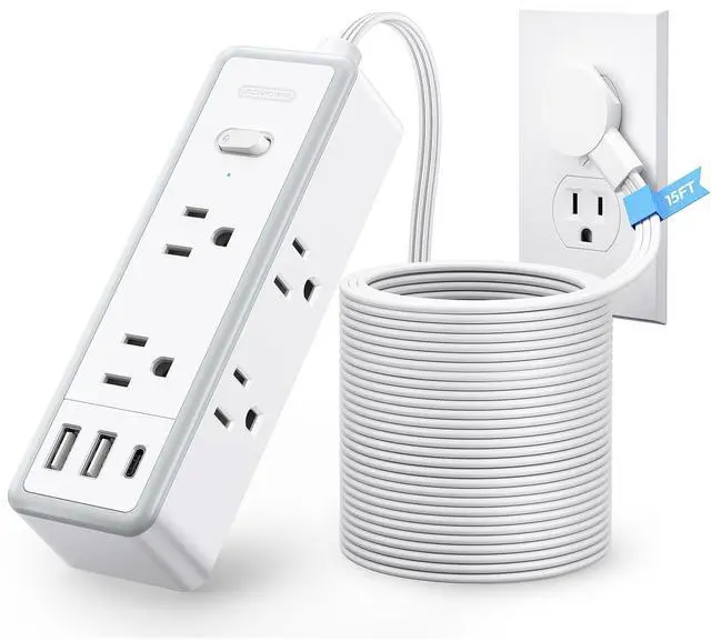Main image of 15 ft Flat Extension Cord with 6 Widely Outlets 3 USB Ports(1 USB C), 1080J Surge Protector Power Strip,Long Cord for Home, Office, Dorm Room
