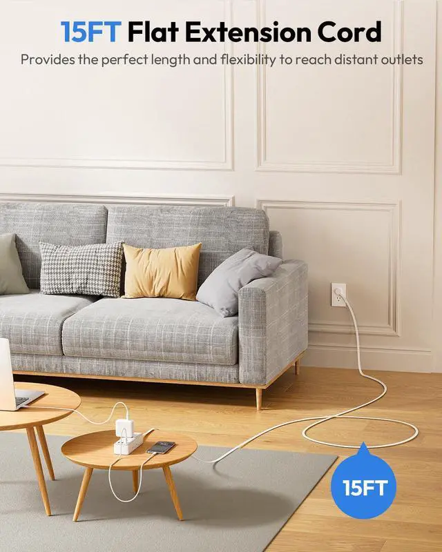 Alt view image 2 of 7 - 15 ft Flat Extension Cord with 6 Widely Outlets 3 USB Ports(1 USB C), 1080J Surge Protector Power Strip,Long Cord for Home, Office, Dorm Room