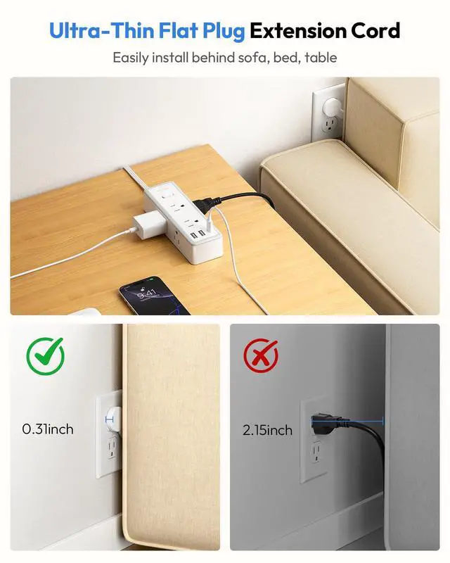 Alt view image 5 of 7 - 15 ft Flat Extension Cord with 6 Widely Outlets 3 USB Ports(1 USB C), 1080J Surge Protector Power Strip,Long Cord for Home, Office, Dorm Room
