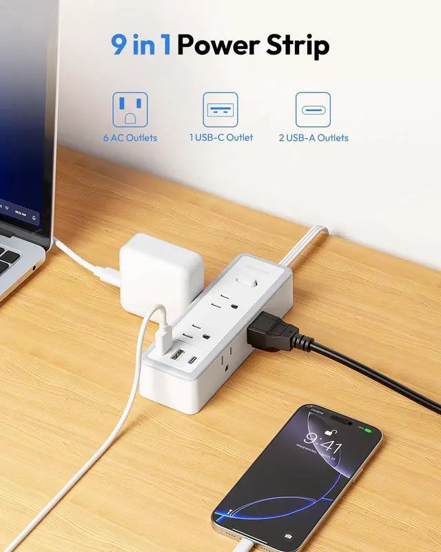 Alt view image 4 of 7 - 15 ft Flat Extension Cord with 6 Widely Outlets 3 USB Ports(1 USB C), 1080J Surge Protector Power Strip,Long Cord for Home, Office, Dorm Room