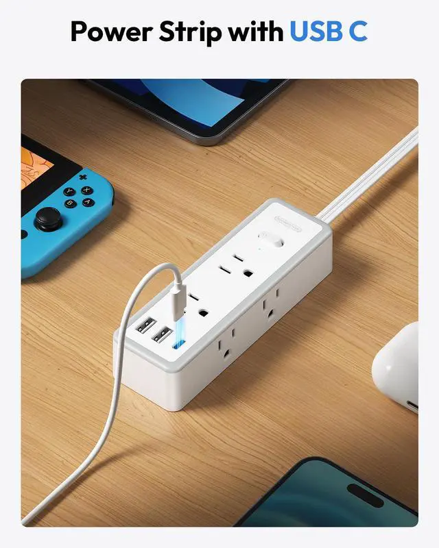 Alt view image 6 of 7 - 15 ft Flat Extension Cord with 6 Widely Outlets 3 USB Ports(1 USB C), 1080J Surge Protector Power Strip,Long Cord for Home, Office, Dorm Room