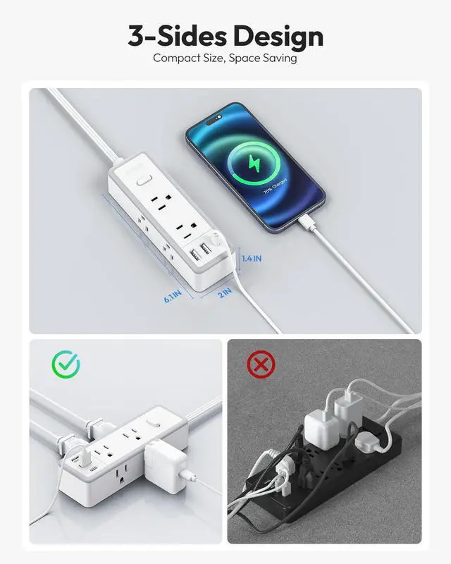 Alt view image 7 of 7 - 15 ft Flat Extension Cord with 6 Widely Outlets 3 USB Ports(1 USB C), 1080J Surge Protector Power Strip,Long Cord for Home, Office, Dorm Room