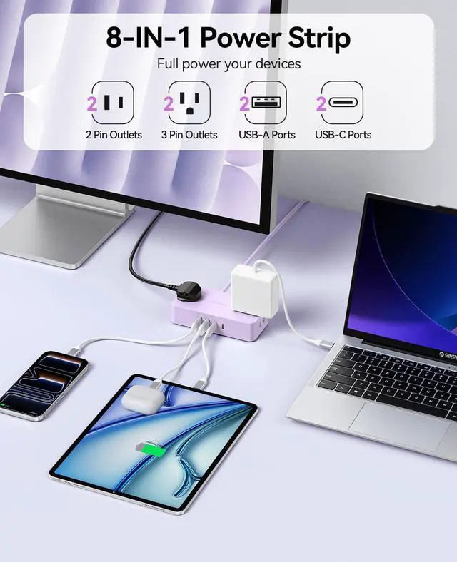 Alt view image 2 of 7 - Power Strip with USB Ports, 5Ft Flat Plug Extension Cord | 8 in 1 Multiple Outlets(AC*4, USB-C*2, USB-A*2) for Desk,Small Charging Station for Home, Office, Dorm, Room - CPR20 Purple