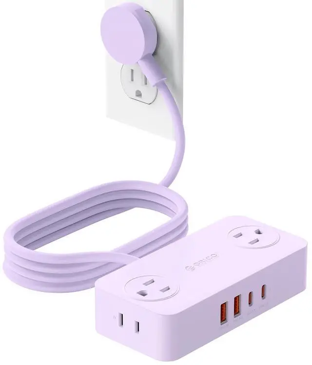 Main image of Power Strip with USB Ports, 5Ft Flat Plug Extension Cord | 8 in 1 Multiple Outlets(AC*4, USB-C*2, USB-A*2) for Desk,Small Charging Station for Home, Office, Dorm, Room - CPR20 Purple