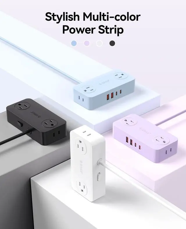 Alt view image 3 of 7 - Power Strip with USB Ports, 5Ft Flat Plug Extension Cord | 8 in 1 Multiple Outlets(AC*4, USB-C*2, USB-A*2) for Desk,Small Charging Station for Home, Office, Dorm, Room - CPR20 Purple