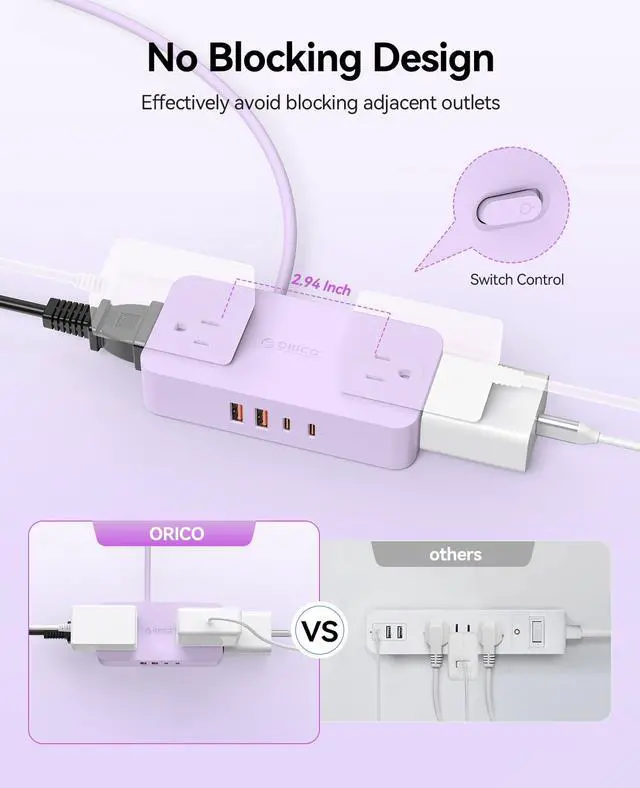 Alt view image 5 of 7 - Power Strip with USB Ports, 5Ft Flat Plug Extension Cord | 8 in 1 Multiple Outlets(AC*4, USB-C*2, USB-A*2) for Desk,Small Charging Station for Home, Office, Dorm, Room - CPR20 Purple