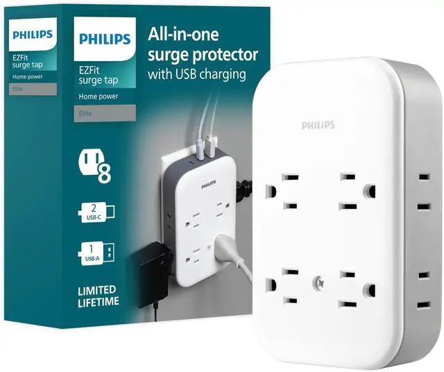 Main image of All-in-One Surge Tap with USB, 4 Grounded & 4 Polarized Outlets | 2 USB-C & 1 USB-A Ports, 15W Shared, 1140 Joules, ETL Certified, White/Gray, SPP3453GW/37