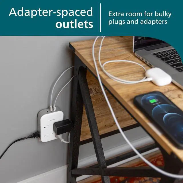 Alt view image 3 of 7 - All-in-One Surge Tap with USB, 4 Grounded & 4 Polarized Outlets | 2 USB-C & 1 USB-A Ports, 15W Shared, 1140 Joules, ETL Certified, White/Gray, SPP3453GW/37