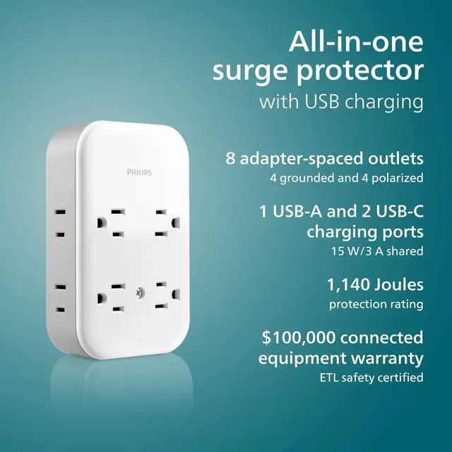 Alt view image 2 of 7 - All-in-One Surge Tap with USB, 4 Grounded & 4 Polarized Outlets | 2 USB-C & 1 USB-A Ports, 15W Shared, 1140 Joules, ETL Certified, White/Gray, SPP3453GW/37