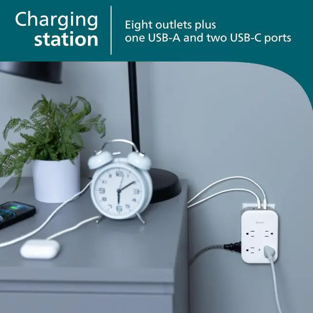 Alt view image 4 of 7 - All-in-One Surge Tap with USB, 4 Grounded & 4 Polarized Outlets | 2 USB-C & 1 USB-A Ports, 15W Shared, 1140 Joules, ETL Certified, White/Gray, SPP3453GW/37
