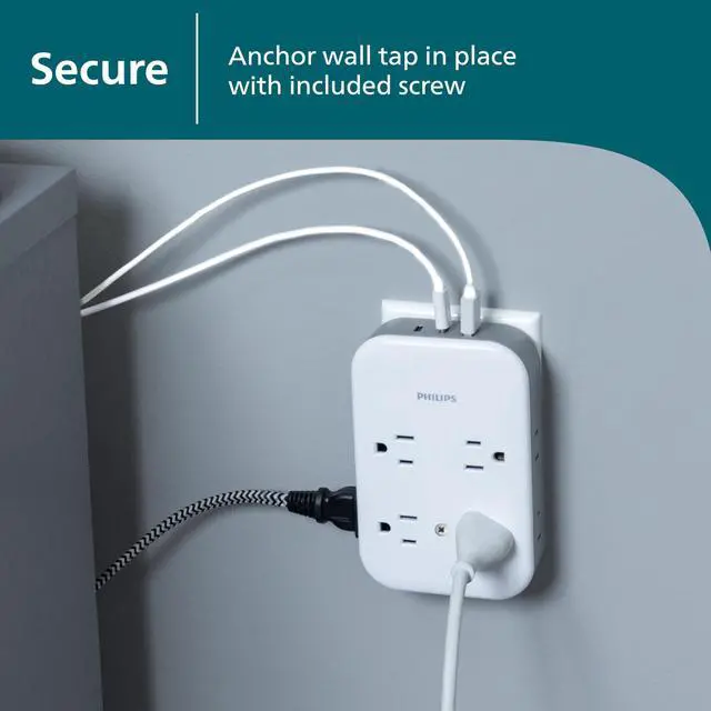 Alt view image 6 of 7 - All-in-One Surge Tap with USB, 4 Grounded & 4 Polarized Outlets | 2 USB-C & 1 USB-A Ports, 15W Shared, 1140 Joules, ETL Certified, White/Gray, SPP3453GW/37