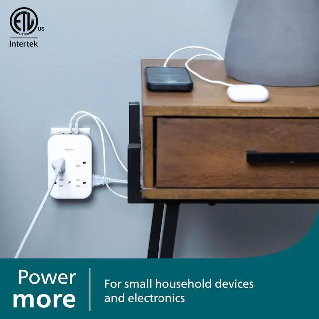 Alt view image 5 of 7 - All-in-One Surge Tap with USB, 4 Grounded & 4 Polarized Outlets | 2 USB-C & 1 USB-A Ports, 15W Shared, 1140 Joules, ETL Certified, White/Gray, SPP3453GW/37