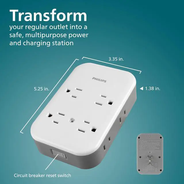 Alt view image 7 of 7 - All-in-One Surge Tap with USB, 4 Grounded & 4 Polarized Outlets | 2 USB-C & 1 USB-A Ports, 15W Shared, 1140 Joules, ETL Certified, White/Gray, SPP3453GW/37