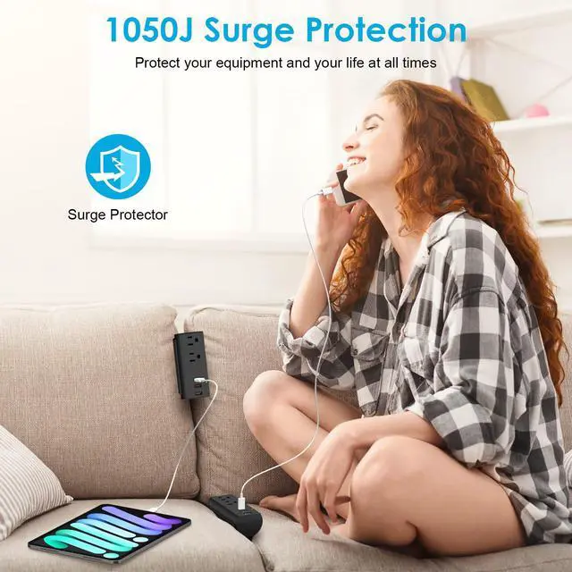 Alt view image 2 of 7 - Couch Charging Station, Sofa Outlet with 2 AC Outlets 3USB Ports | PD20W USB C & 1050J Surge Protection, 6ft Flat Power Cord for Furniture Couch. ETL Listed