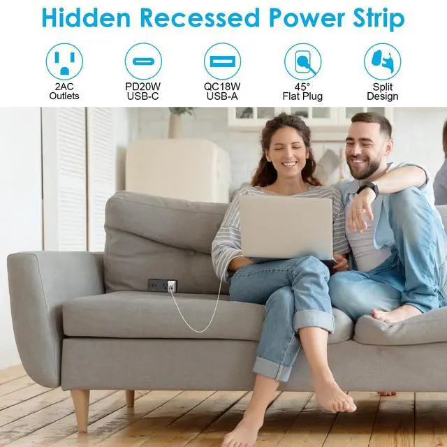 Alt view image 7 of 7 - Couch Charging Station, Sofa Outlet with 2 AC Outlets 3USB Ports | PD20W USB C & 1050J Surge Protection, 6ft Flat Power Cord for Furniture Couch. ETL Listed