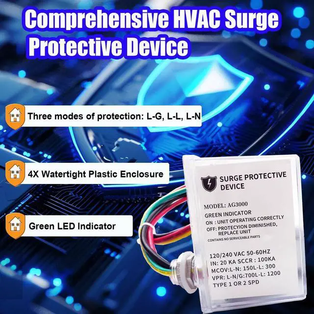 Alt view image 3 of 7 - AG3000 HVAC Surge Protector 120/240V, Mini Split & AC Protection Device | with TPMOV Tech, 3-Mode Whole House Protective Device Hardwired for Heat Pump & Condenser, NEMA 4X Watertight, LED Indicator