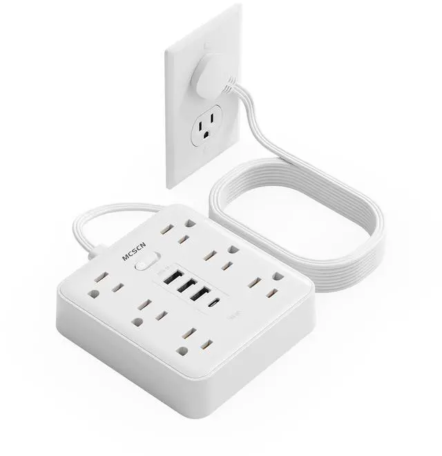Main image of Surge Protector Power Strip, 6 Outlets, 4 USB, 10FT Flat Plug, White | 10FT 16AWG Cord, 6AC+4USB(3 USB-A+1 USB-C), 900J Surge, UL Tested, 1875W, Wall Mount, Office15A